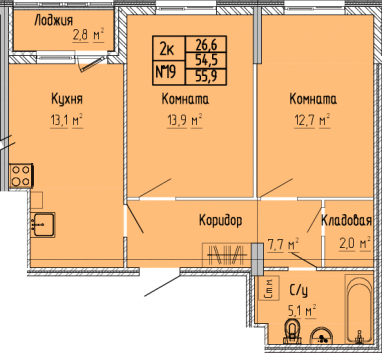2К-квартира, 55,9 м2, 5&nbsp;этаж