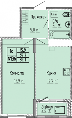 1К-квартира, 39,1 м2, 6&nbsp;этаж
