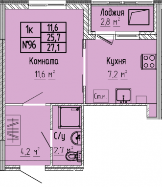 СтудияК-квартира, 27,1 м2, 8&nbsp;этаж