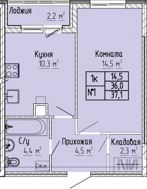 1К-квартира, 37,1 м2, 2&nbsp;этаж
