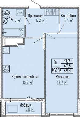 1К-квартира, 49,3 м2, 8&nbsp;этаж