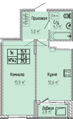 1К-квартира, 39 м2, 7&nbsp;этаж