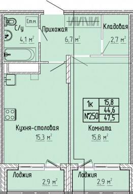 1К-квартира, 47,5 м2, 5&nbsp;этаж