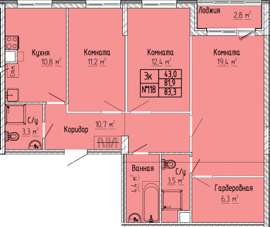 3К-квартира, 83,4 м2, 2&nbsp;этаж