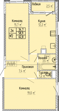 2К-квартира, 63,1 м2, 2&nbsp;этаж