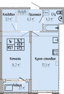 1К-квартира, 47,5 м2, 6&nbsp;этаж