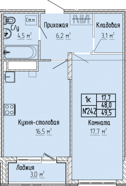1К-квартира, 49,5 м2, 4&nbsp;этаж