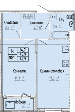 1К-квартира, 47,5 м2, 6&nbsp;этаж