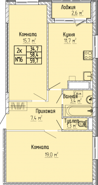 2К-квартира, 59,8 м2, 4&nbsp;этаж