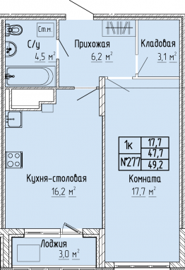 1К-квартира, 49,2 м2, 9&nbsp;этаж