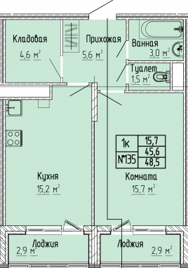 1К-квартира, 48,5 м2, 5&nbsp;этаж