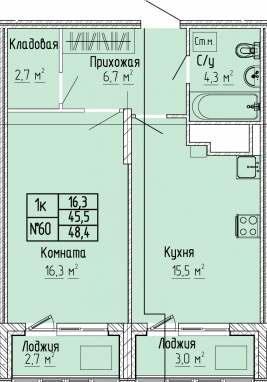 1К-квартира, 48,4 м2, 10&nbsp;этаж