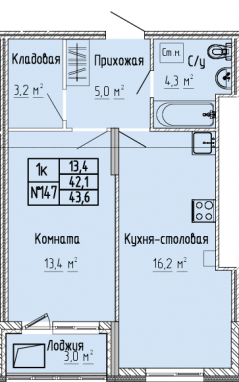 1К-квартира, 43,6 м2, 8&nbsp;этаж