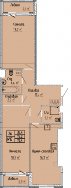 2К-квартира, 76,4 м2, 4&nbsp;этаж