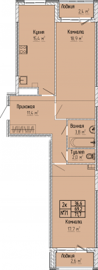 2К-квартира, 71,7 м2, 3&nbsp;этаж