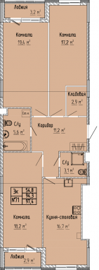 3К-квартира, 97,4 м2, 4&nbsp;этаж