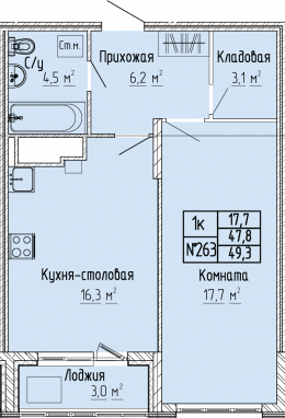 1К-квартира, 49,3 м2, 7&nbsp;этаж